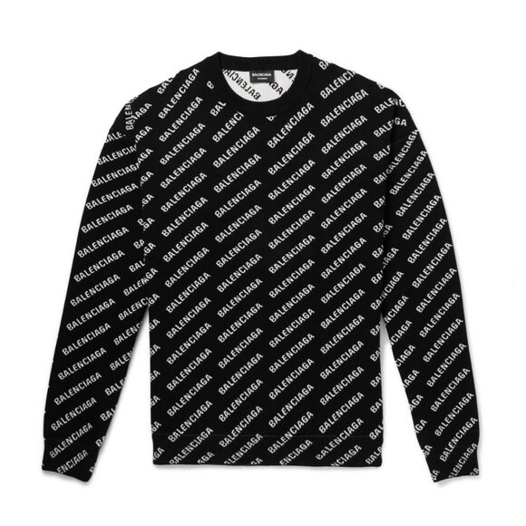 NWT Balenciaga Crewneck Pullover Knit Sweater Black White Mini Logo Allover - Picture 2 of 10